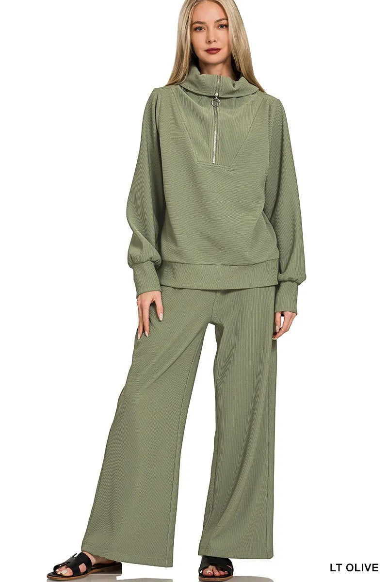 Zenana LT OLIVE / S Zenana Ribbed High Neck Half Zip Pullover & Pants Set