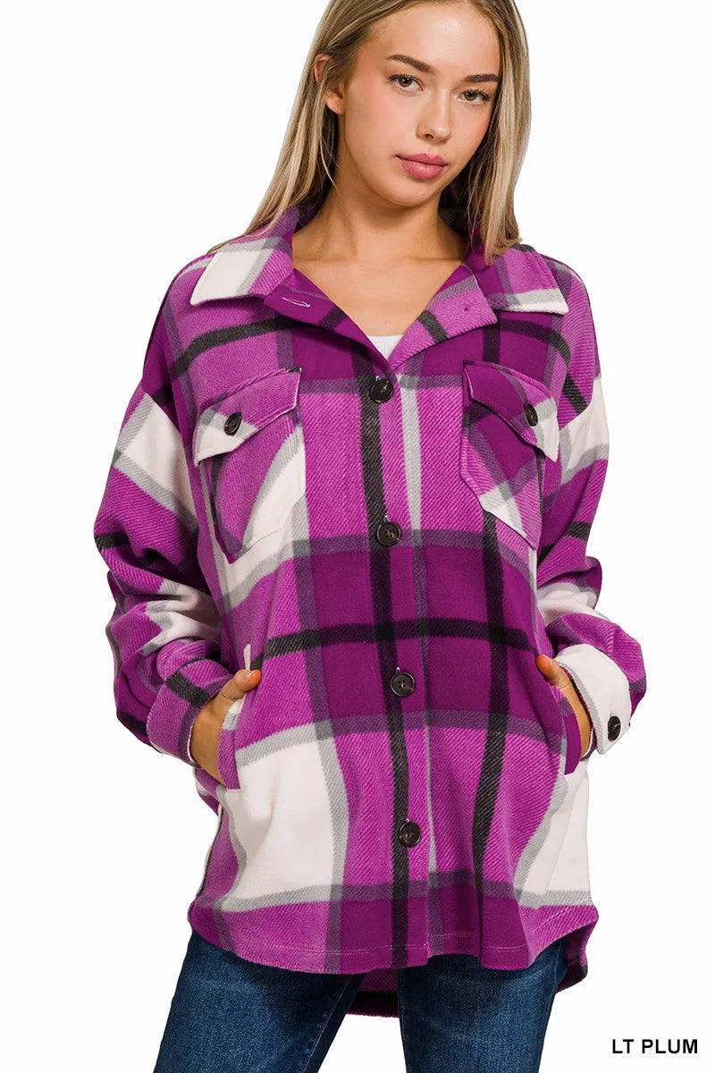Zenana LT PLUM / S Oversized Purple Plaid Fleece Shacket with Chest Pockets