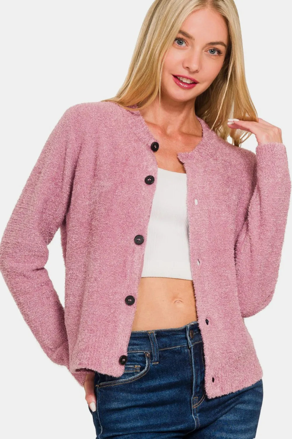 Zenana Lt Rose / S Zenana Button Down Long Sleeve Sweater Cardigan