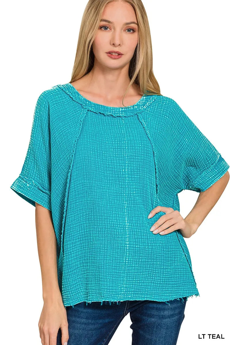 Zenana LT TEAL / S Zenana Washed Double Gauze Exposed Seam Short Sleeve Top