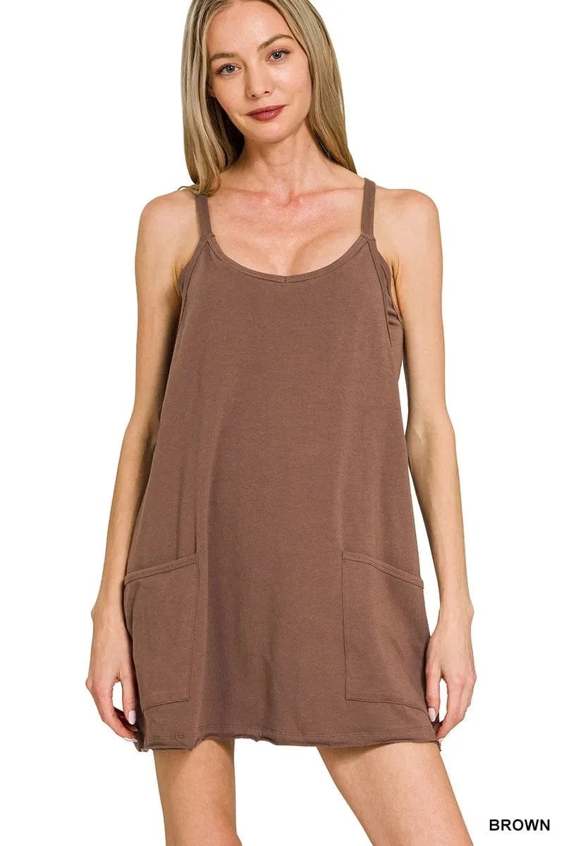 Zenana Mini Dresses BROWN / S Zenana Cami Mini Dress with Built-in Romper Liner