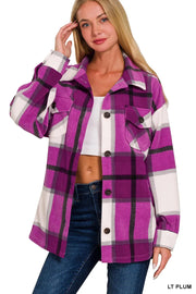 Zenana Oversized Purple Plaid Fleece Shacket with Chest Pockets