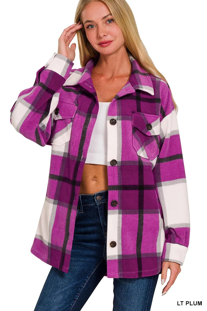 Zenana Oversized Purple Plaid Fleece Shacket with Chest Pockets