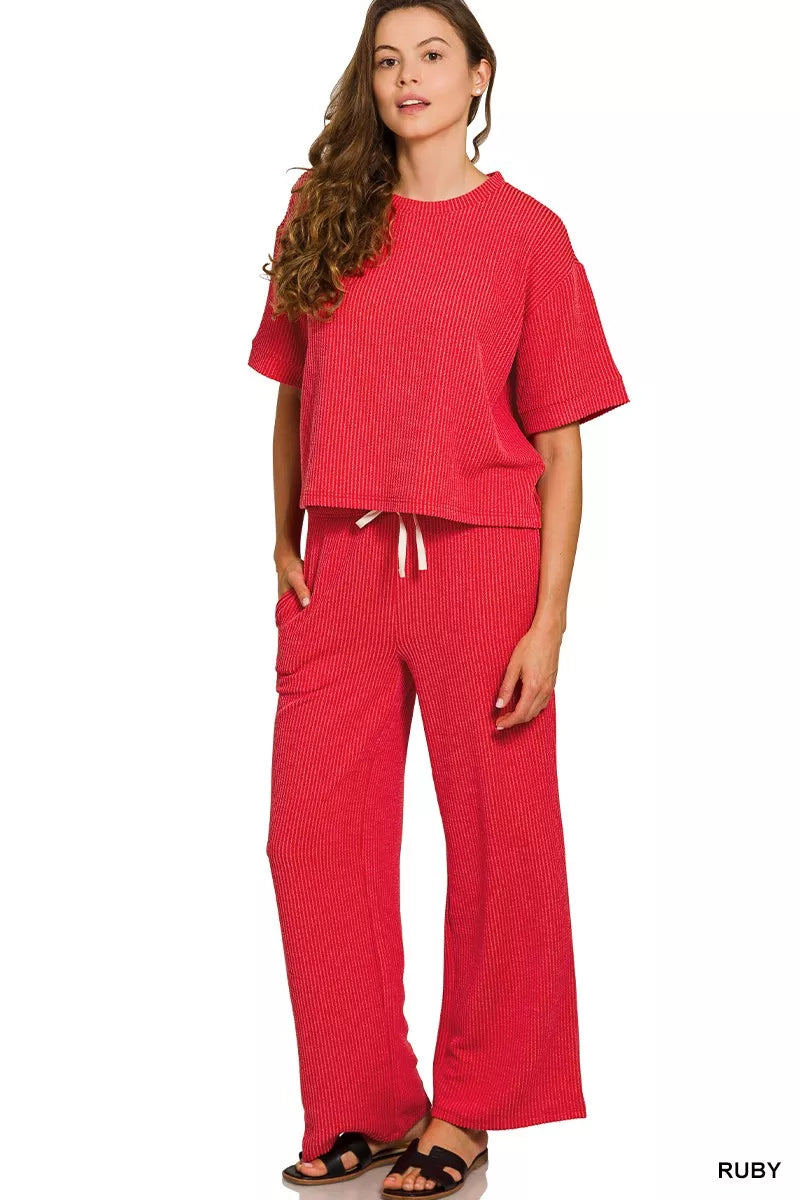 Zenana RUBY / S Zenana Raised Rib Short Sleeve Tee & Pants Set