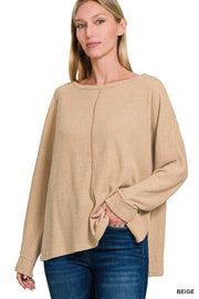 Zenana Sweater Dresses BEIGE / S Zenana Ribbed Center Seam Dolman Sleeve Hi Low Sweater