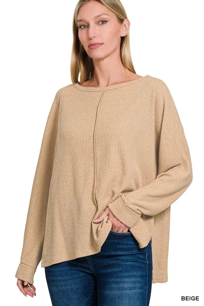 Zenana Sweater Dresses BEIGE / S Zenana Ribbed Center Seam Dolman Sleeve Hi Low Sweater