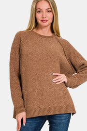 Zenana Sweater Dresses Deep Camel / S Zenana Side Slit Raglan Sleeve Sweater
