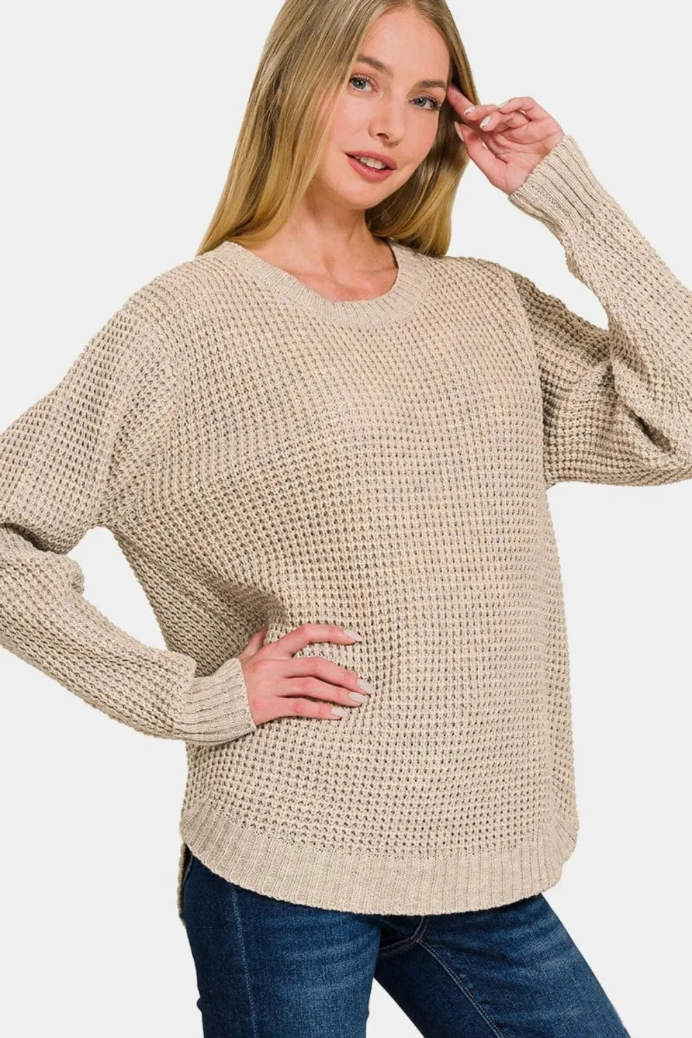 Zenana Sweater Dresses H Beige / S Zenana High Low Long Sleeve Waffle Sweater
