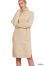 Zenana Sweater Dresses H BEIGE / S Zenana Turtle Neck Long Sleeve Midi Sweater Dress