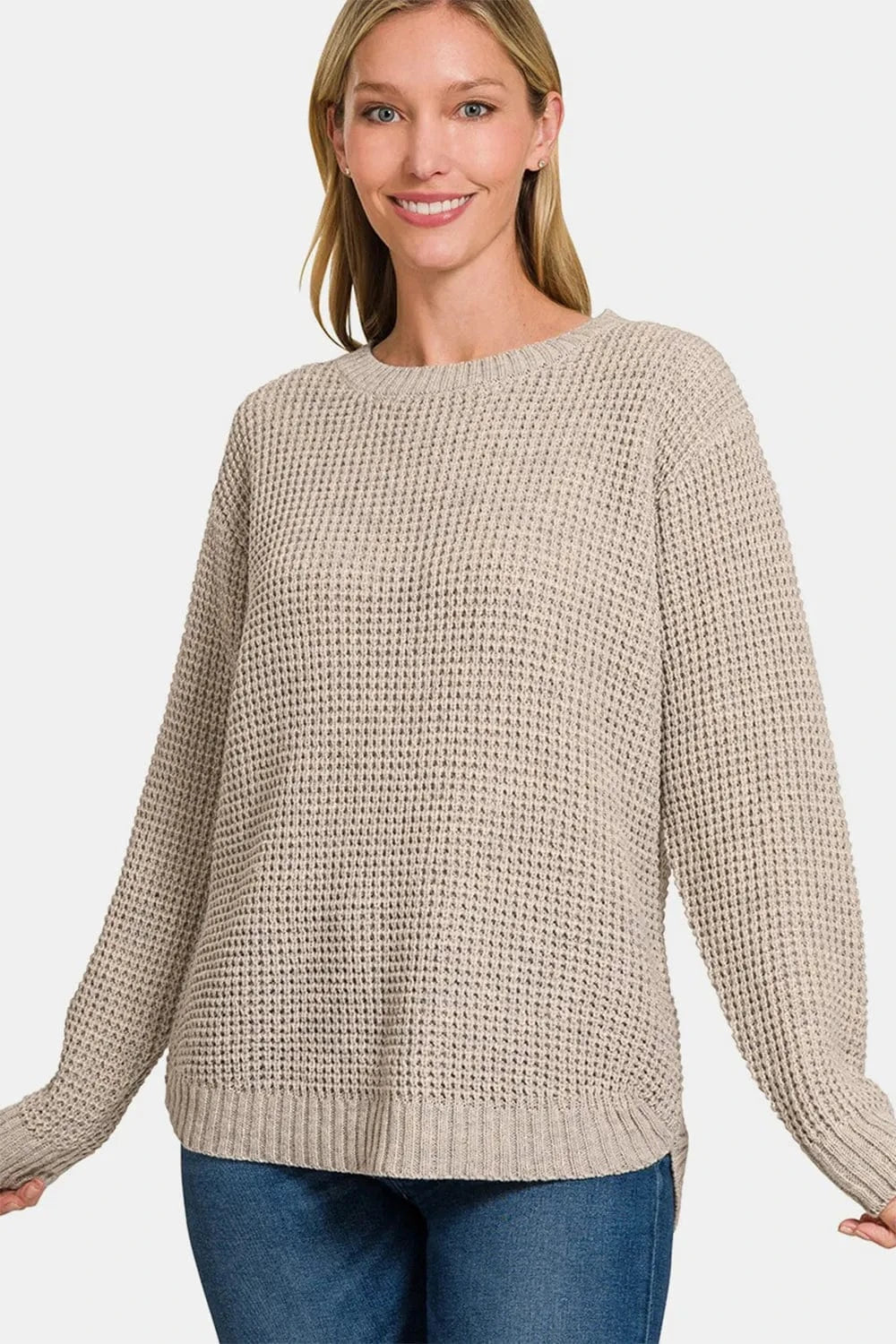 Zenana Sweater Dresses H Mocha / S Zenana High Low Long Sleeve Waffle Sweater