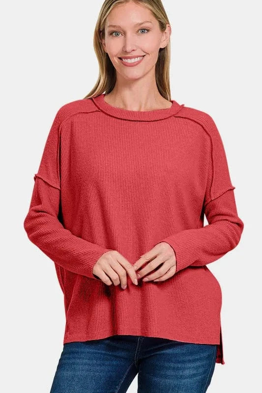Zenana Sweater Dresses Zenana Full Size Exposed Seam Brushed Round Neck Sweater