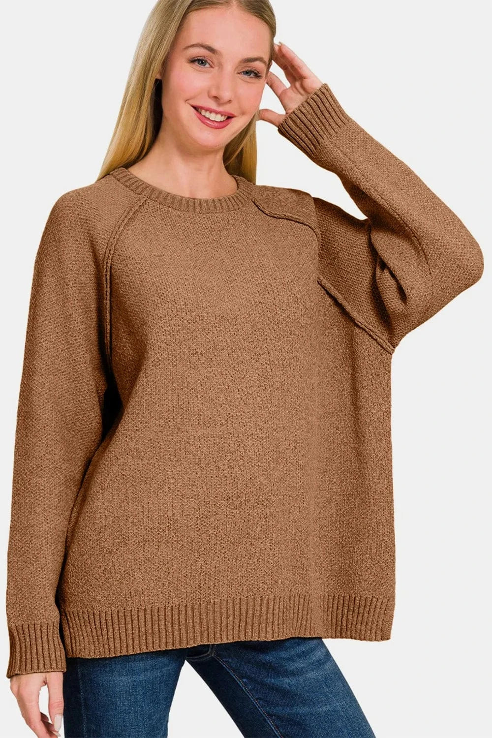Zenana Sweater Dresses Zenana Side Slit Raglan Sleeve Sweater
