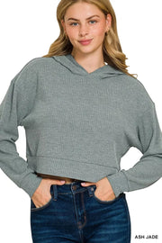 Zenana Sweatshirts & Hoodies ASH JADE / S Zenana Drop Shoulder Ribbed Crop Hoodie