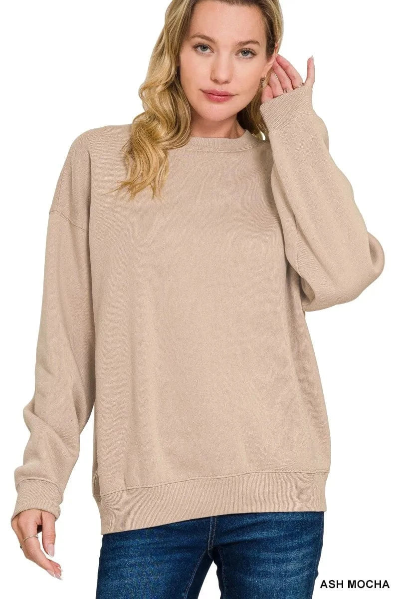 Zenana Sweatshirts & Hoodies ASH MOCHA / S Zenana Fleece Crewneck Long Sleeve Sweatshirt