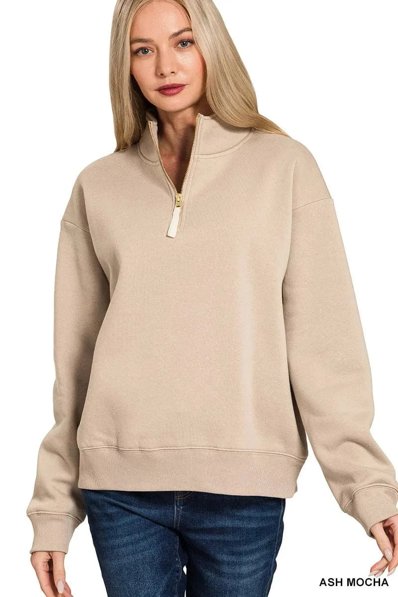 Zenana Sweatshirts & Hoodies ASH MOCHA / S Zenana Fleece Half Zip Sweatshirt