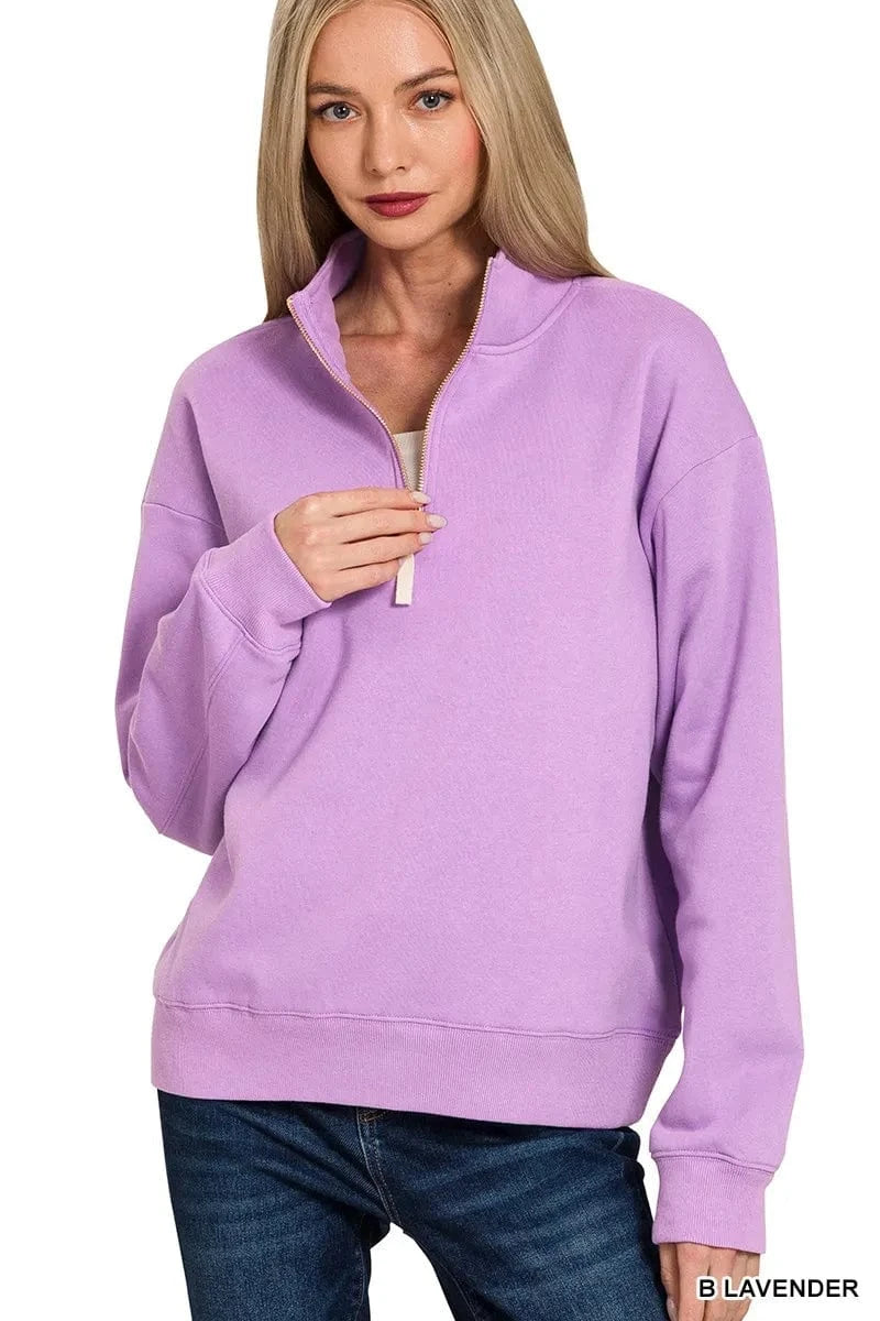 Zenana Sweatshirts & Hoodies B LAVENDER / S Zenana Fleece Half Zip Sweatshirt