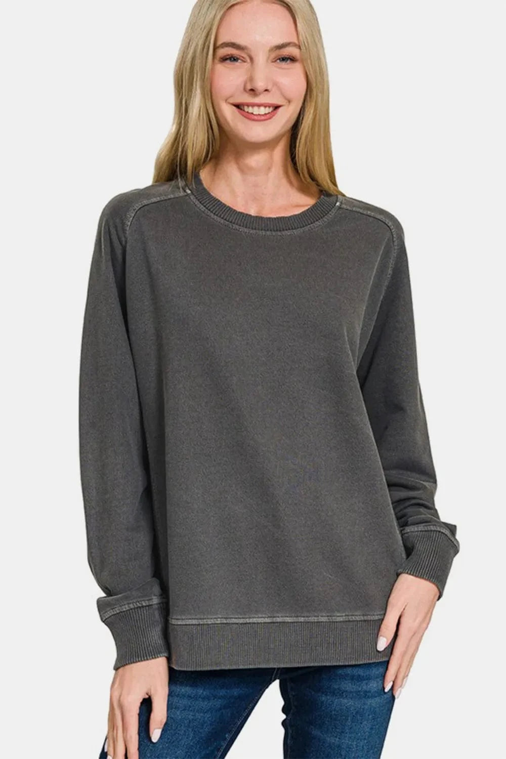 Zenana Sweatshirts & Hoodies Black / S Zenana Full Size Pigment Dyed French Terry Sweatshirt