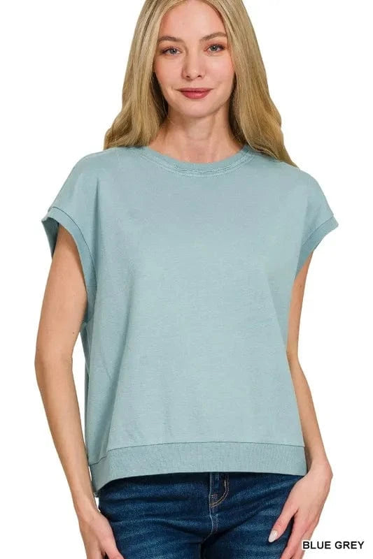 Zenana Sweatshirts & Hoodies BLUE GREY / S Zenana French Terry Round Neck Cap Sleeve T-Shirt