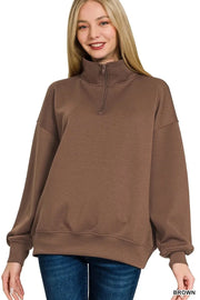 Zenana Sweatshirts & Hoodies BROWN / S Zenana Scuba Quarter-Zip Sweatshirt