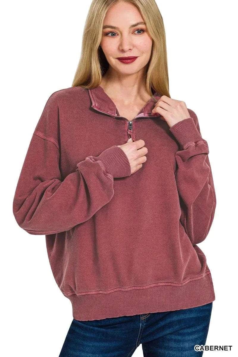 Zenana Sweatshirts & Hoodies CABERNET / S Zenana F/terry Pigment Dye & Enzyme Washing Half Zip Top