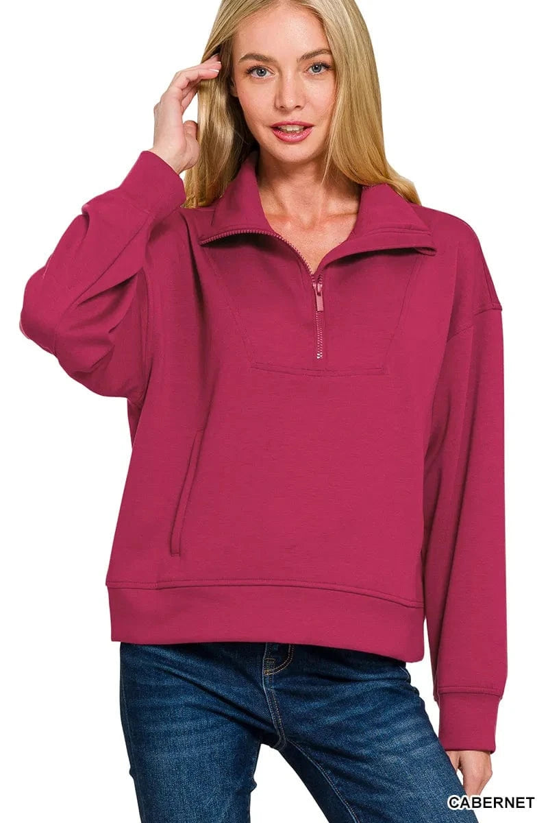 Zenana Sweatshirts & Hoodies CABERNET / S Zenana Scuba Half Zip Sweatshirt with Pockets