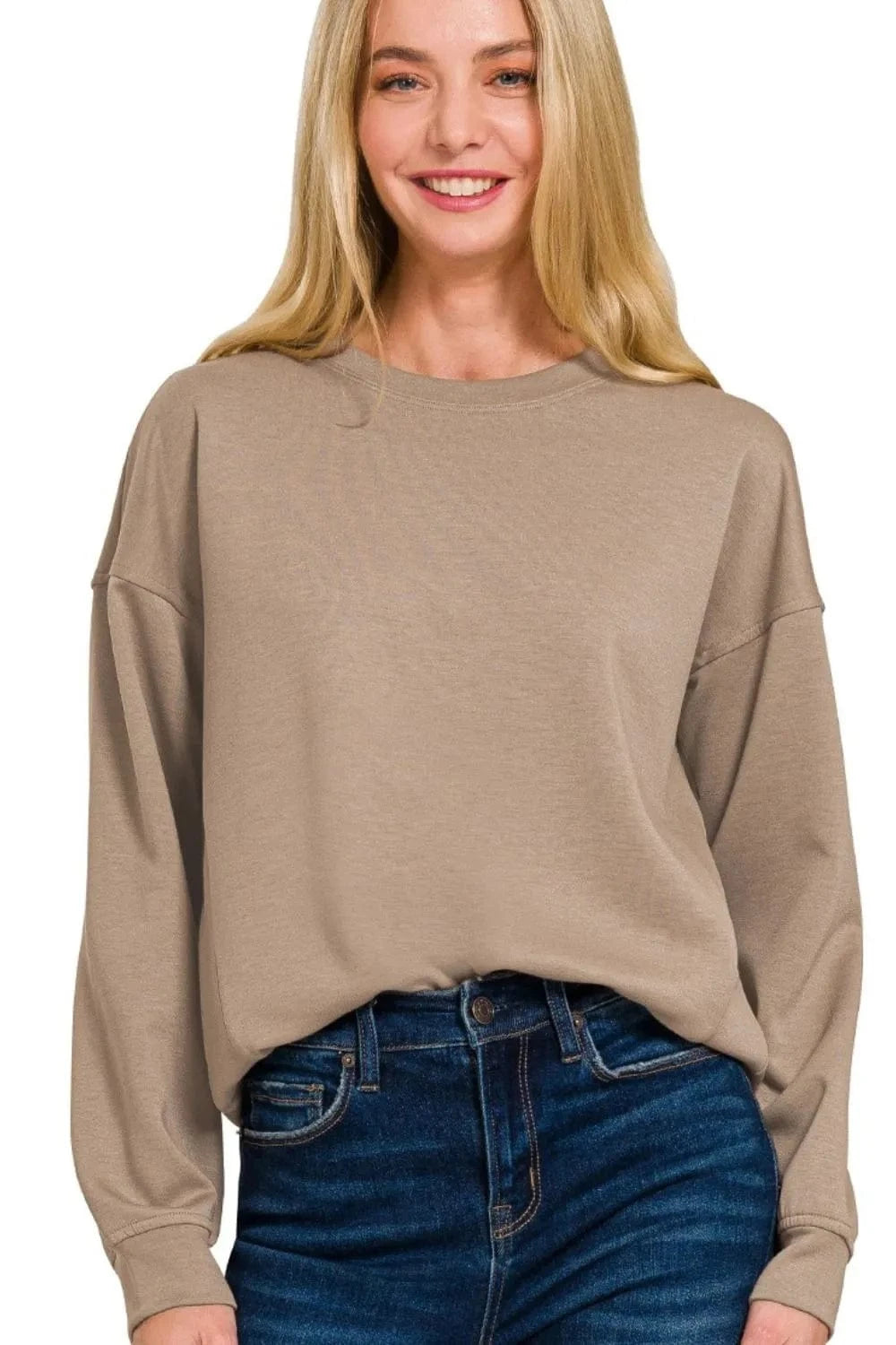 Zenana Sweatshirts & Hoodies COCOA / S Zenana Scuba Round-neck Sweatshirts