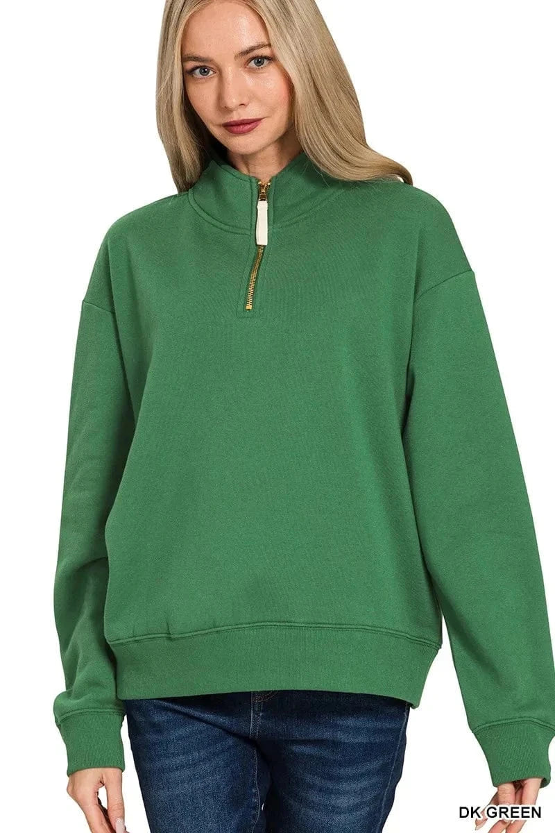 Zenana Sweatshirts & Hoodies DK GREEN / S Zenana Fleece Half Zip Sweatshirt