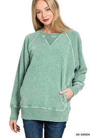Zenana Sweatshirts & Hoodies DK GREEN / S Zenana Halo Snow Washed French Terry Round Neck Sweatshirt