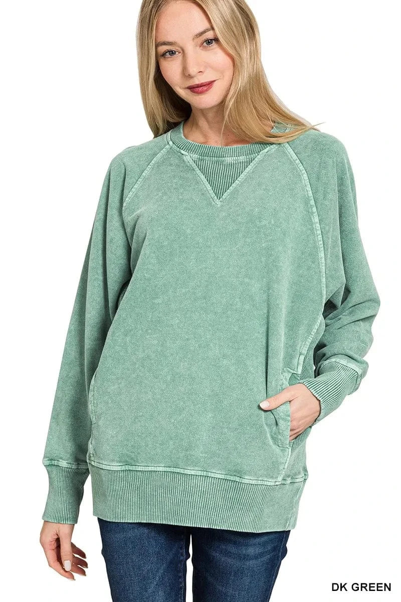 Zenana Sweatshirts & Hoodies DK GREEN / S Zenana Halo Snow Washed French Terry Round Neck Sweatshirt