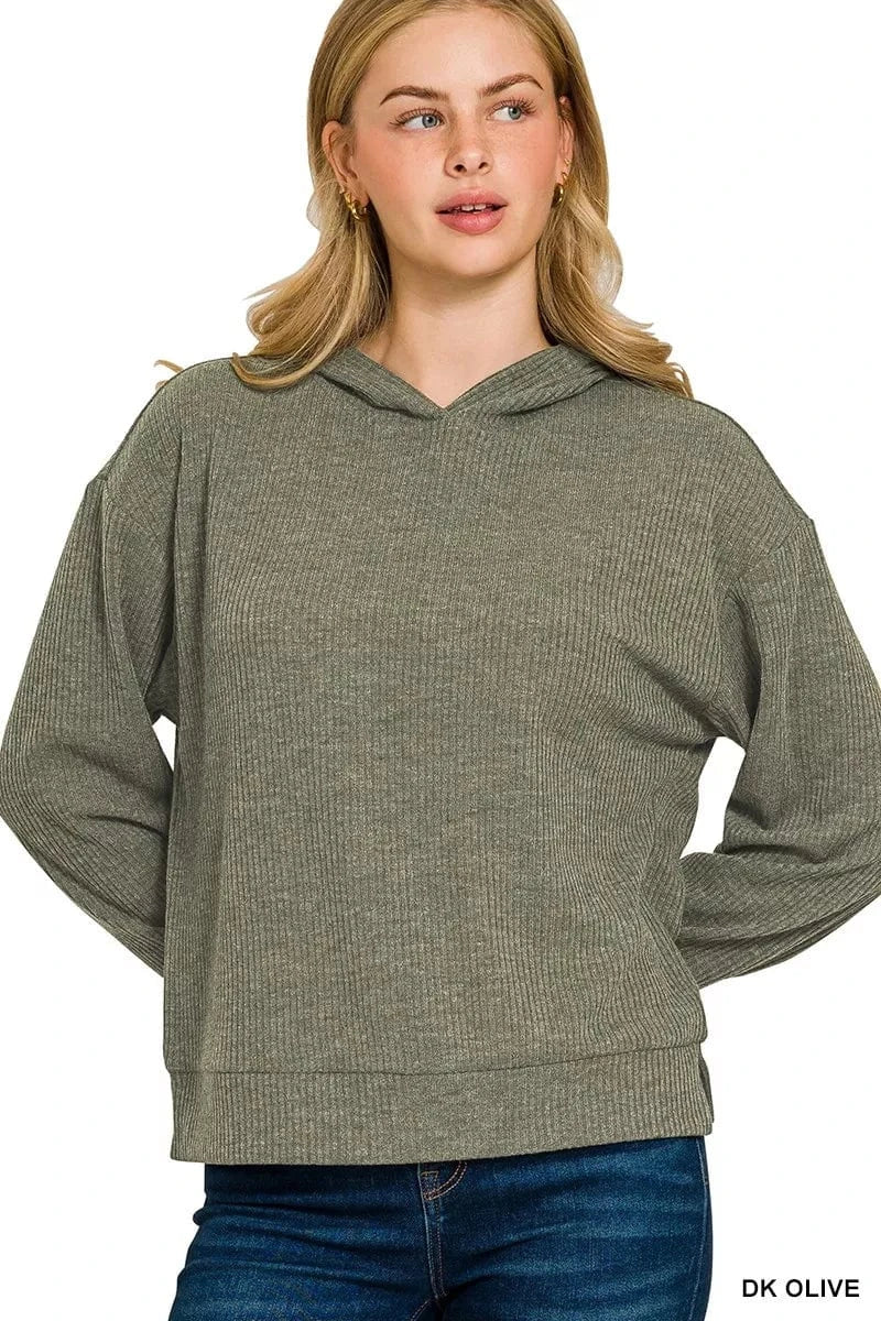 Zenana Sweatshirts & Hoodies DK OLIVE / S Zenana Ribbed Long Sleeve Hoodie
