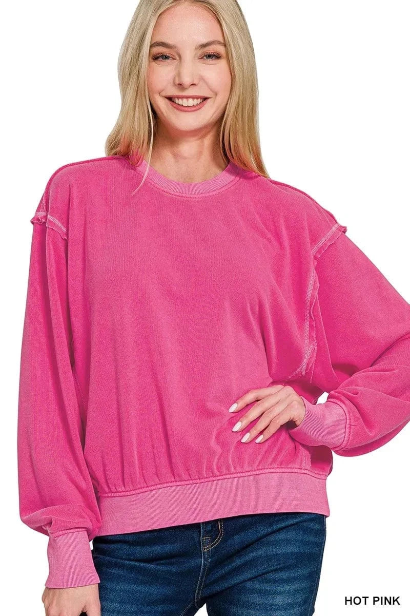 Zenana Sweatshirts & Hoodies HOT PINK / S Zenana Soft Fleece Pigment Dye Round Neck Pullover