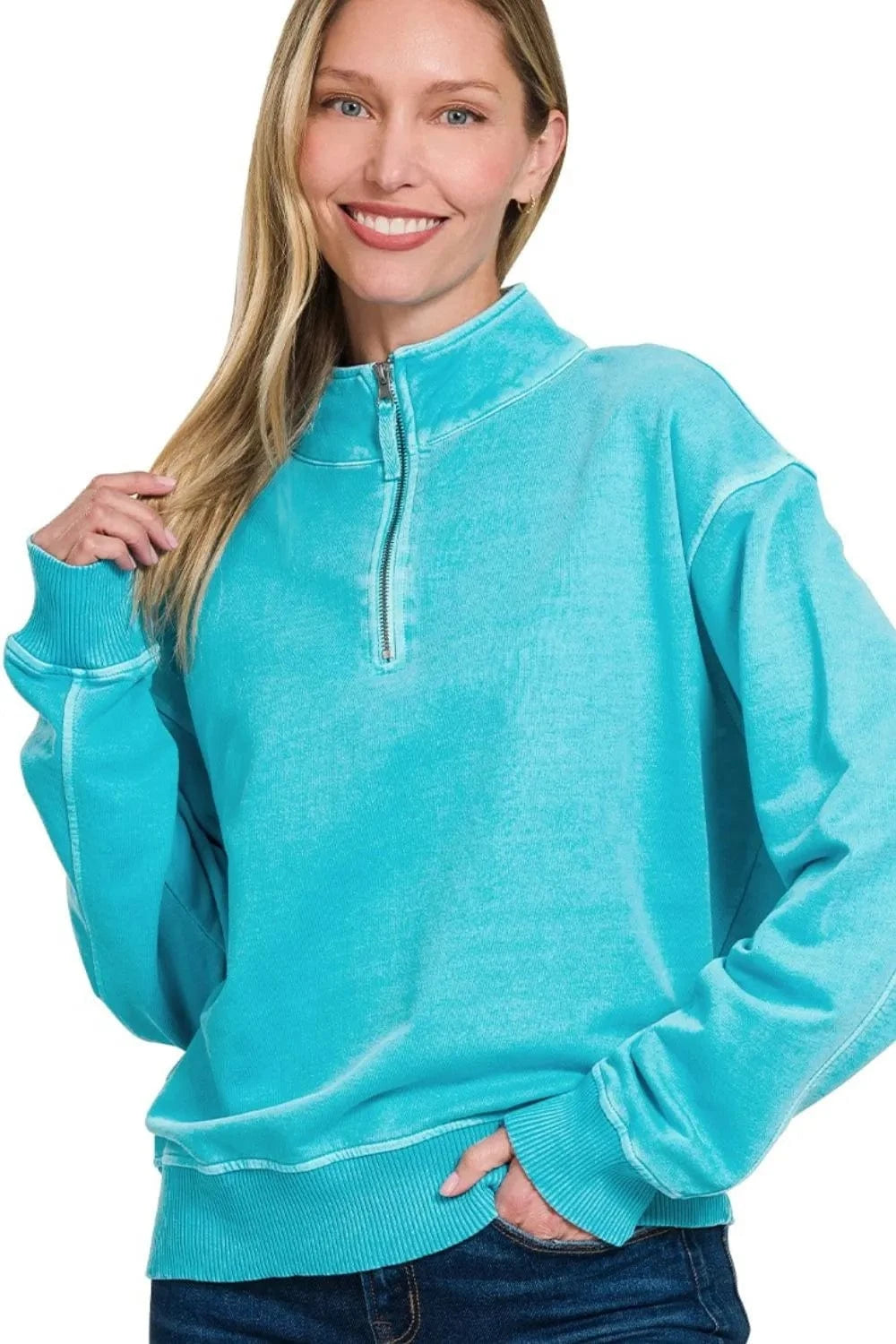 Zenana Sweatshirts & Hoodies ICE BLUE / S Zenana F/terry Pigment Dye & Enzyme Washing Half Zip Top