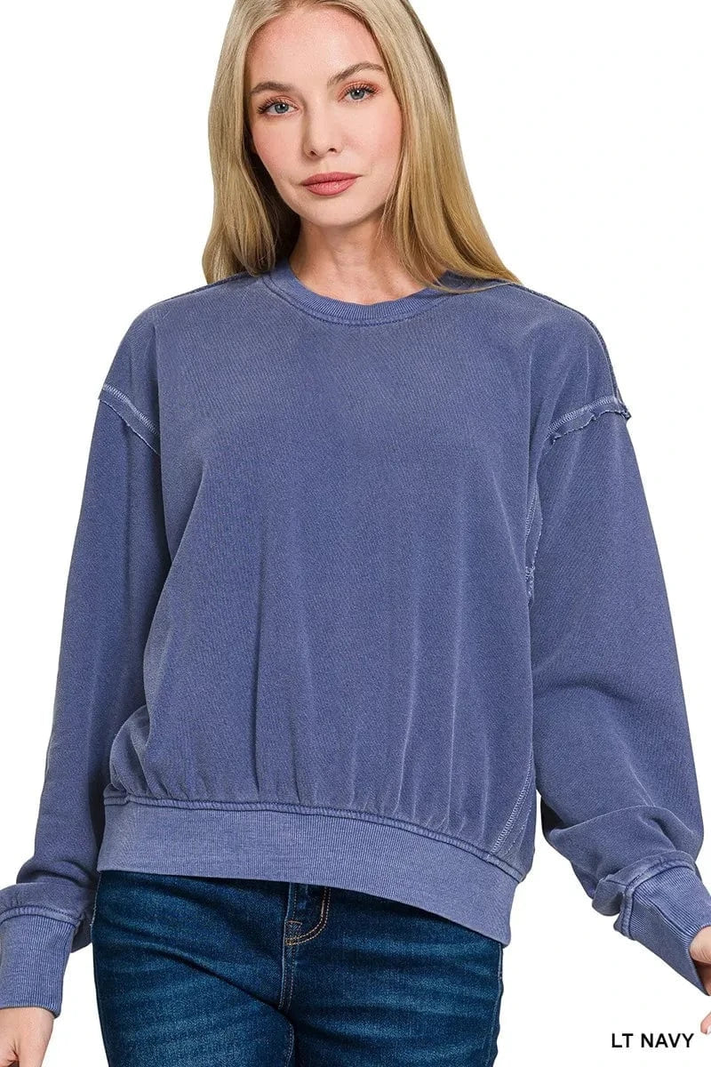Zenana Sweatshirts & Hoodies LT NAVY / S Zenana Soft Fleece Pigment Dye Round Neck Pullover