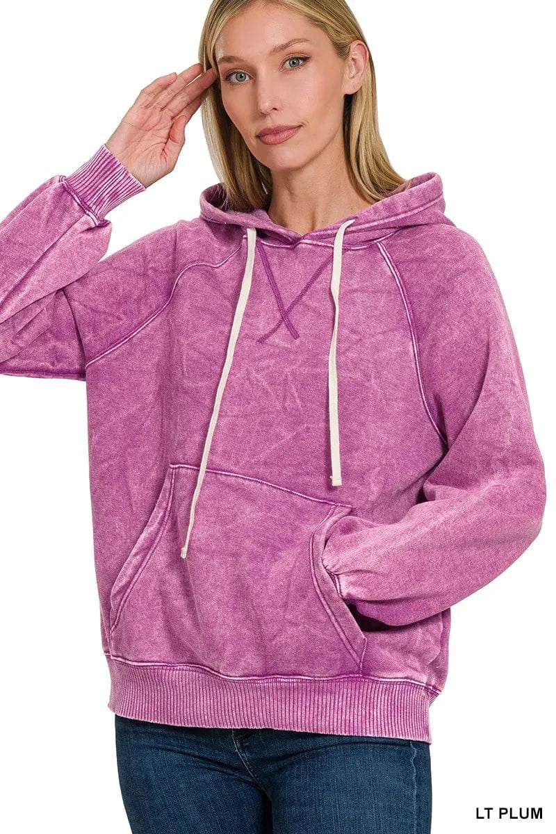 Zenana Sweatshirts & Hoodies LT PLUM / S Zenana Acid Wash Fleece Hoodie with Kangaroo Pocket