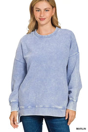 Zenana Sweatshirts & Hoodies MARLIN / S Zenana Full Size Acid Washed Double Ribbed Hi-low Sweatshirt Plus Size