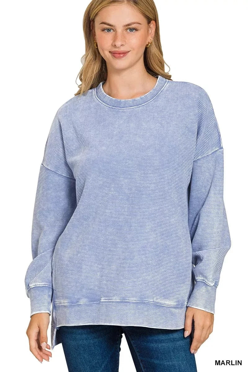 Zenana Sweatshirts & Hoodies MARLIN / S Zenana Full Size Acid Washed Double Ribbed Hi-low Sweatshirt Plus Size