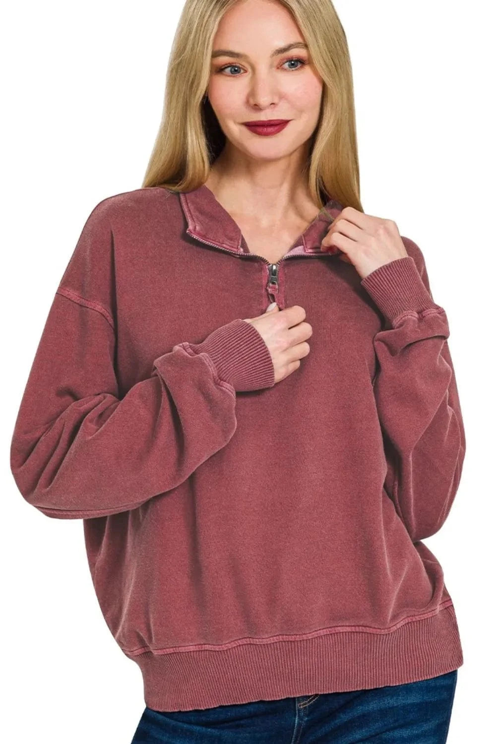 Zenana Sweatshirts & Hoodies Zenana F/terry Pigment Dye & Enzyme Washing Half Zip Top