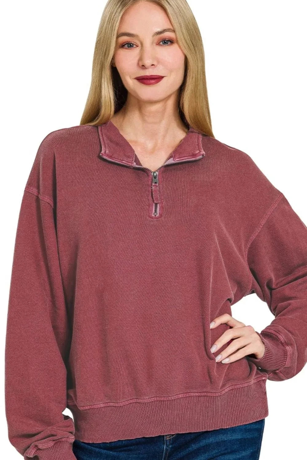 Zenana Sweatshirts & Hoodies Zenana F/terry Pigment Dye & Enzyme Washing Half Zip Top