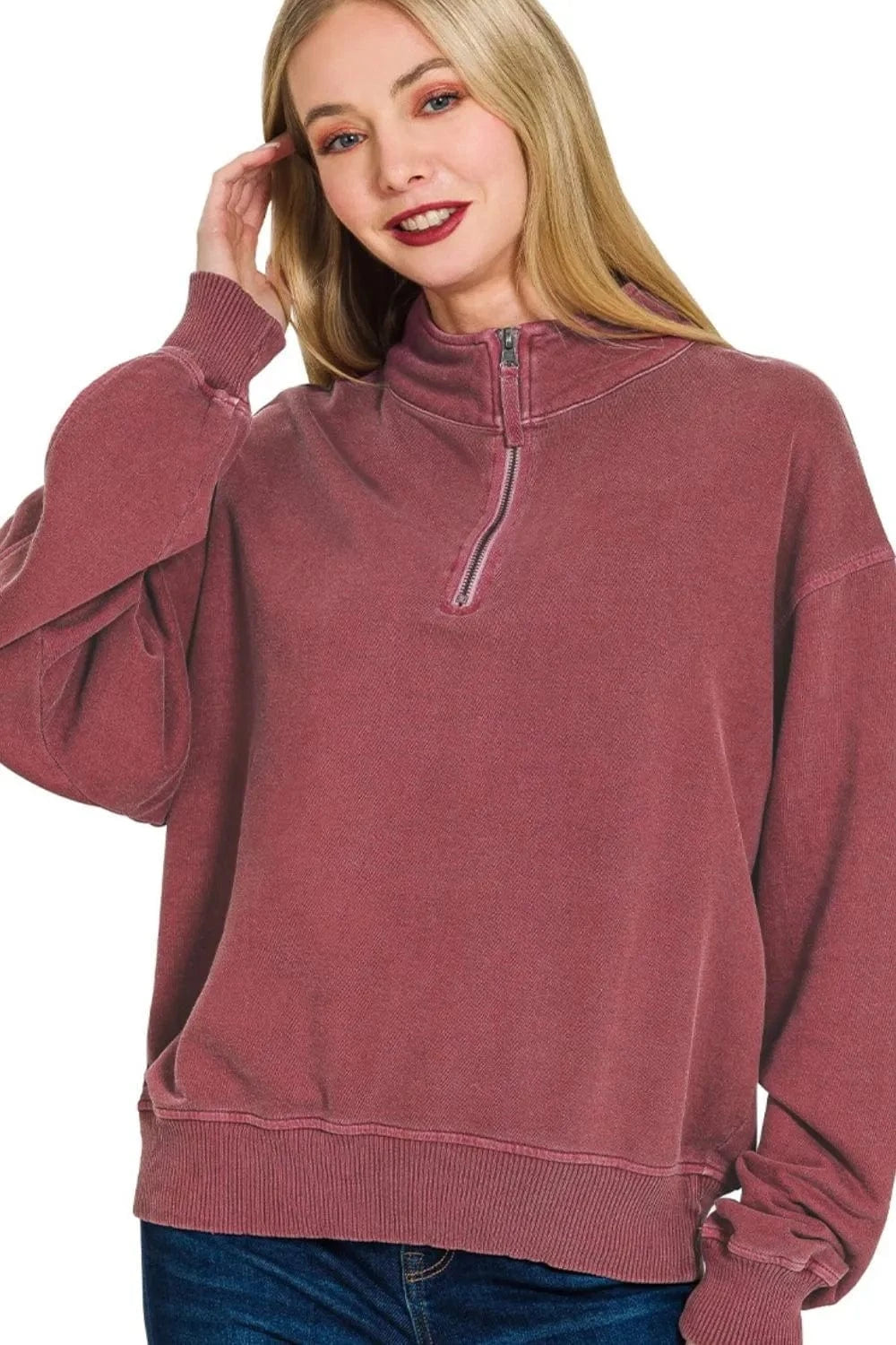 Zenana Sweatshirts & Hoodies Zenana F/terry Pigment Dye & Enzyme Washing Half Zip Top