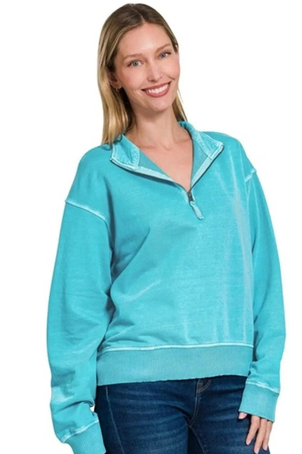 Zenana Sweatshirts & Hoodies Zenana F/terry Pigment Dye & Enzyme Washing Half Zip Top