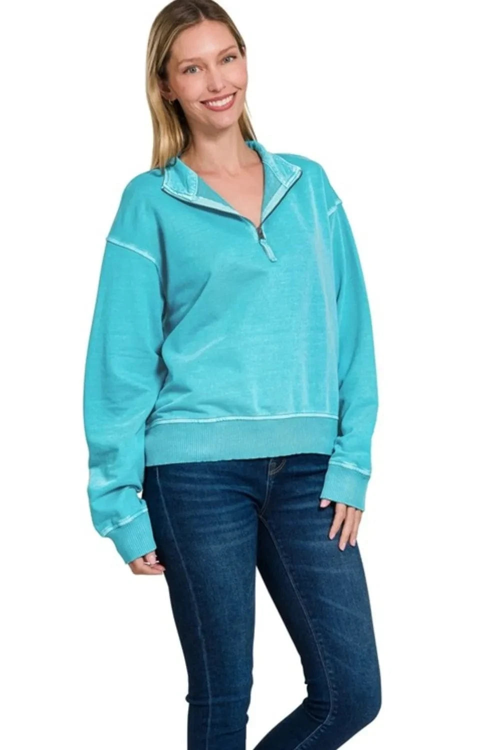 Zenana Sweatshirts & Hoodies Zenana F/terry Pigment Dye & Enzyme Washing Half Zip Top