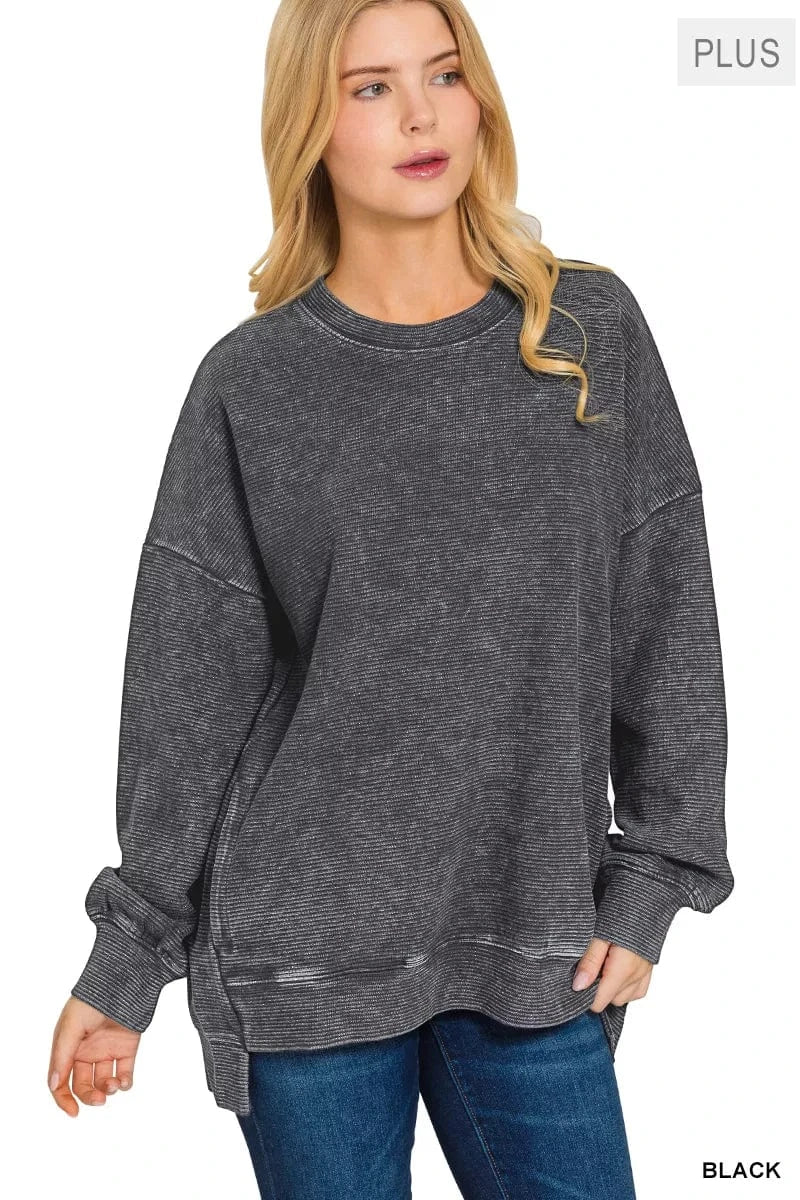 Zenana Sweatshirts & Hoodies Zenana Full Size Acid Washed Double Ribbed Hi-low Sweatshirt Plus Size