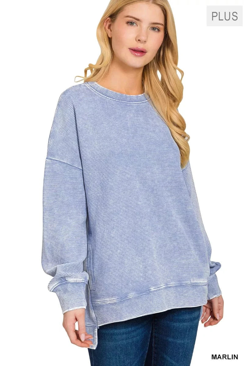 Zenana Sweatshirts & Hoodies Zenana Full Size Acid Washed Double Ribbed Hi-low Sweatshirt Plus Size