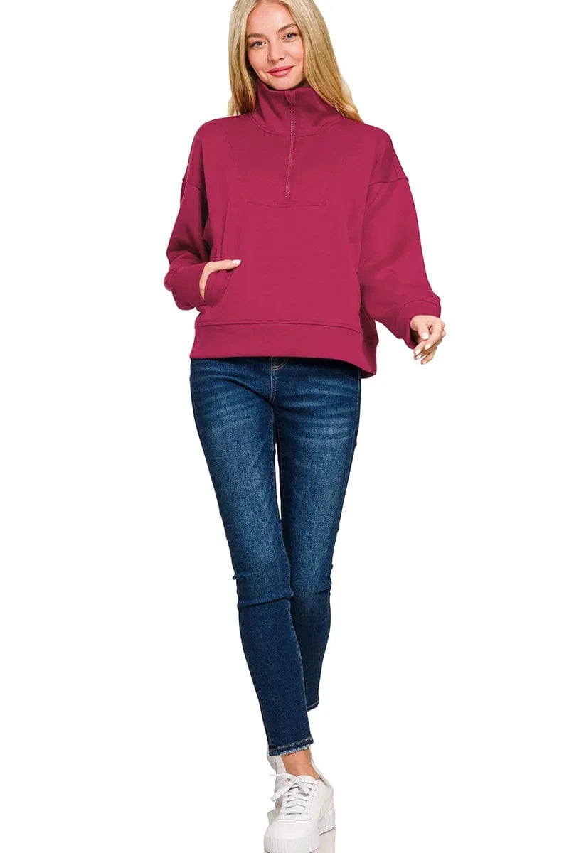 Zenana Sweatshirts & Hoodies Zenana Scuba Half Zip Sweatshirt with Pockets