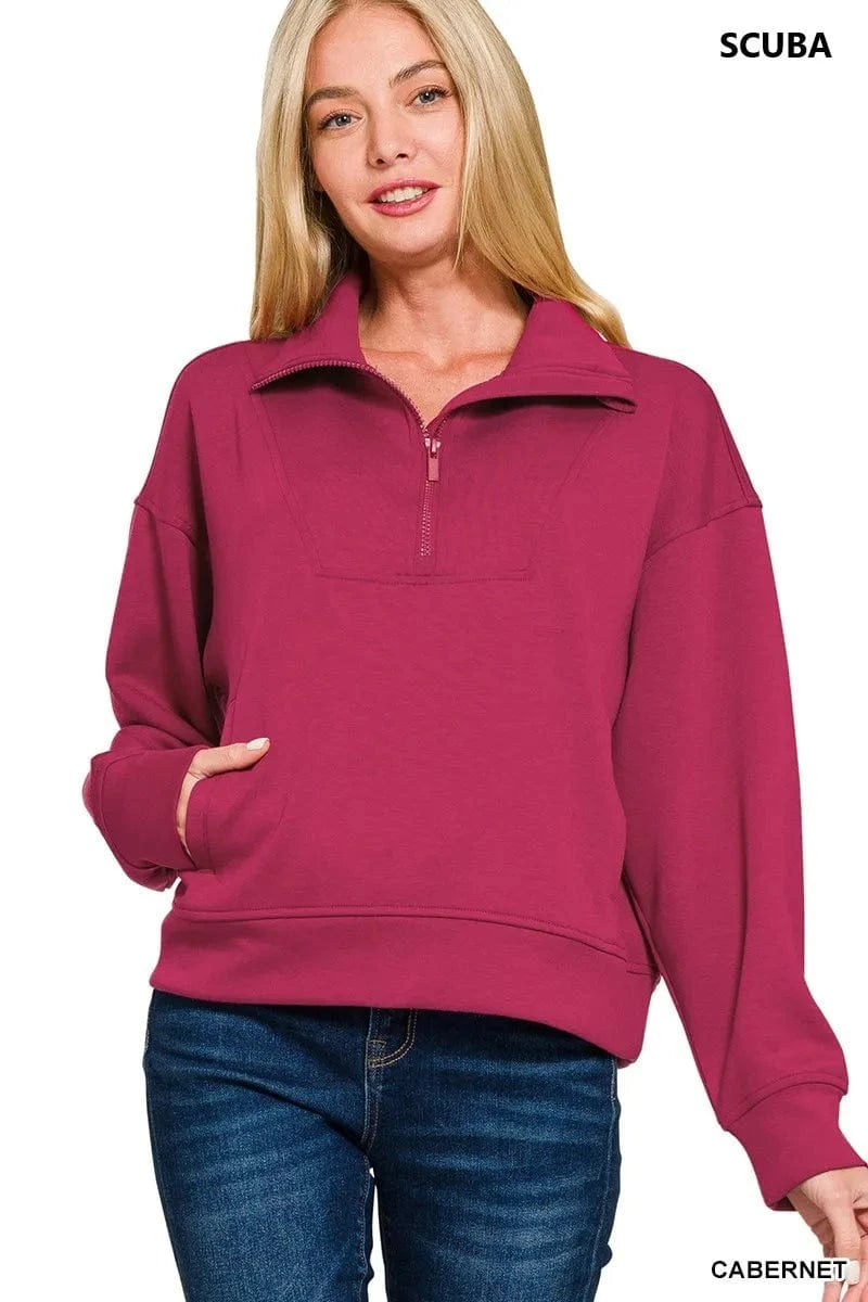 Zenana Sweatshirts & Hoodies Zenana Scuba Half Zip Sweatshirt with Pockets