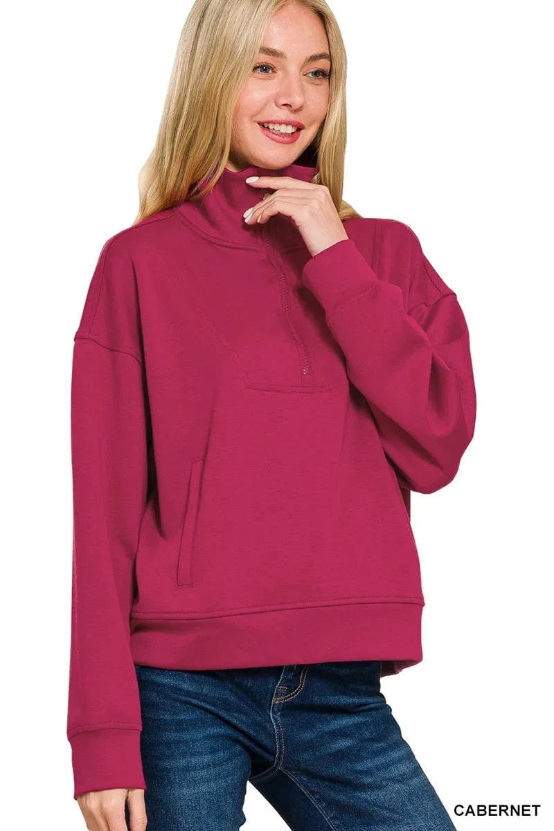 Zenana Sweatshirts & Hoodies Zenana Scuba Half Zip Sweatshirt with Pockets