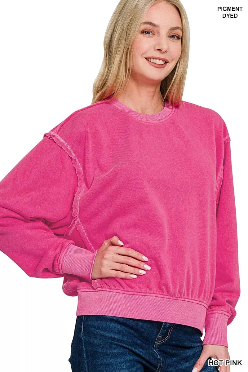 Zenana Sweatshirts & Hoodies Zenana Soft Fleece Pigment Dye Round Neck Pullover