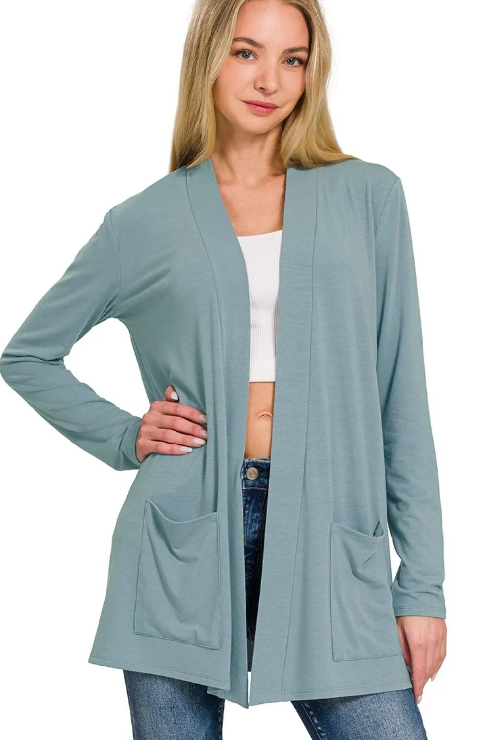 Zenana Trench Coats BLUE GREY / S Zenana Slouchy Lightweight Open Front Pocket Cardigan