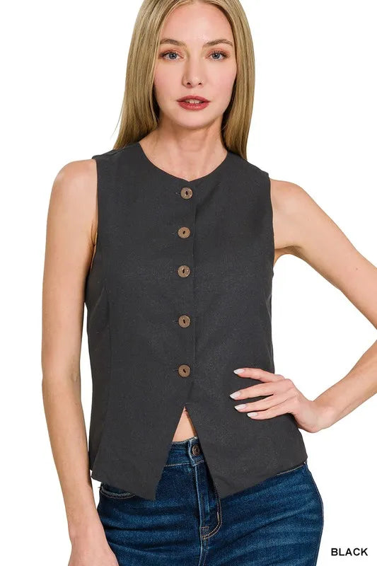 Zenana Vests BLACK / S Zenana Linen Button Down Vest
