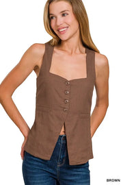Zenana Vests BROWN / S Zenana Linen Tie-back 4-button Vest with Lining